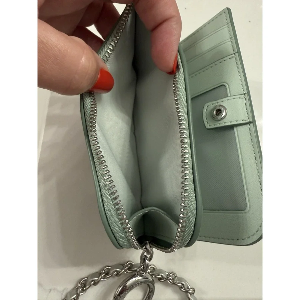 kate spade new york Green Solid Zip Around Wallet w/ Chain Strap, Cards, ID